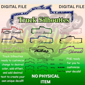 May include: Digital file featuring truck silhouettes in various colors and styles, including Silverado, GMC Sierra, and RAM. The design is ready to customize with color, offset, and text for unique decals. The text "Truck Silhouttes" is displayed in a green font.
