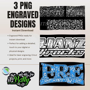 May include: Digital design elements in PNG format. The image features three engraved designs, including floral patterns and text. The text includes "3 PNG ENGRAVED DESIGNS" and "Instant Download". The designs are ready for laser engraving and Cricut projects.
