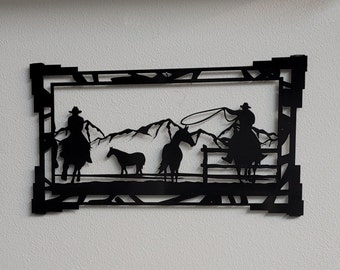 Southwest Cowboys and Horses Metal Wall Hanging, Available in 2 Sizes and Four Colors
