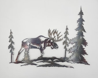Moose Nature Scene Wall Hanging | Metal Moose Wall Art | Northern Wilderness Decor | Lake House Decoration | Woodland Steel Artwork
