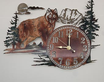 Wolf Metal Wall Clock | Rustic Cabin Decor | Wildlife Mountain Scene Timepiece | Lodge Wall Art for Nature Lovers