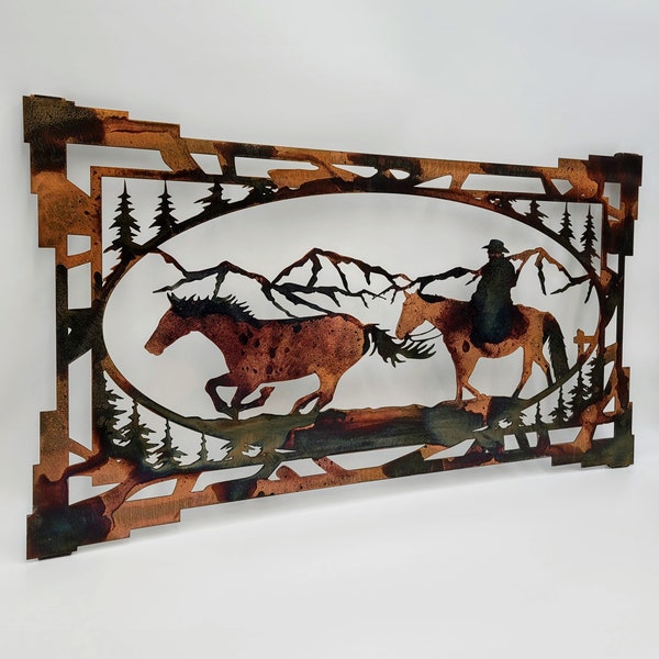 Southwest Style Cowboy and Horse Metal Wall Hanging 4 Color Options and 2 Sizes