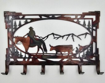 Cowboy Key Rack | Western Key Holder | Bull Wall Hooks | Rustic Ranch Key Organizer | Metal Cowboy Decor