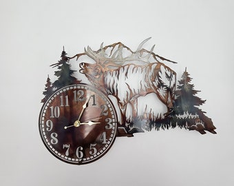 Elk Wall Clock | Rustic Cabin Decor | Wildlife Metal Timepiece | Mountain Lodge Hanging Art | Hunting Cabin Gift
