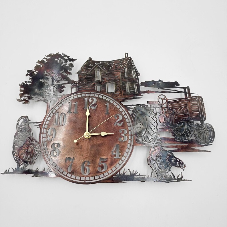 Farmhouse Wall Clock With Chickens & Tractor | Metal Farm Clock ...