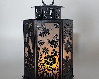 Bees and Butterflies Metal Lantern | Garden Light Decor | Pollinator Lantern | Outdoor Patio Accent | Nature Inspired Candle Holder
