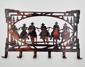 Southwest Cowboys Metal Key Rack | Western Entryway Organizer | Ranch Style Key Holder | Desert Home Decor