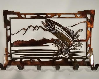 Southwest Fish Key Rack | Rustic Fishing Key Holder | Metal Wall Organizer | Cabin Entryway Decor | Lake House Gift | 6 Hook Key Hanger