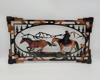 Cowboy and Horse Metal Wall Hanging | Western Metal Wall Art | Rustic Cowboy Wall Decor | Steel Horse Sign | Ranch Home Decor