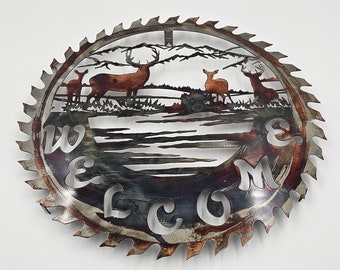 Deer Circular Saw Welcome Sign | Rustic Hunting Cabin Decor | Metal Deer Wall Art | Woodland Entryway Sign | Outdoorsman Gift