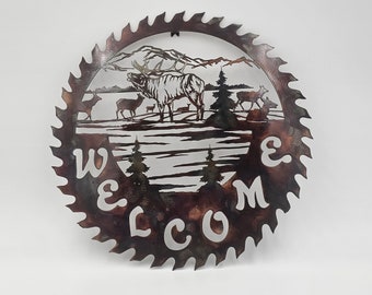 Elk Circular Saw Welcome Sign | Rustic Lodge Porch Decor | Wildlife Metal Door Hanger