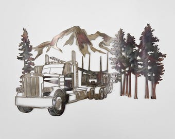 Peterbilt Log Truck Metal Wall Art | Stacked Logging Rig Decor | Steel Trucker Gift for Log Truck Driver