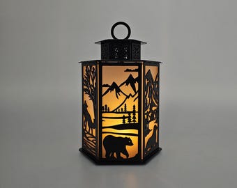 Winter Woodland Lantern | Forest Animal Candle Holder | Rustic Metal Lantern | Cabin Christmas Decor | LED Votive Holder