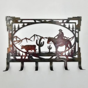 Southwest Oval Cowboy Cactus and Bull Rustic Metal Key Holder