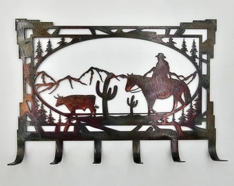 Southwest Cowboy Key Rack | Cactus Bull Skull Wall Decor | Western Key Holder | Rustic Ranch Entryway Organizer