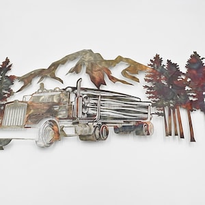 Metal Kenworth Log Truck Wall Hanging | Logging Truck Wall Art | Semi Truck Decor | Blue Collar Gifts | Log Trucker Gift for Home or Shop