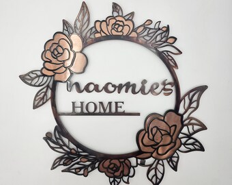 Personalized Floral Name Sign | Custom Metal Porch Decor | Rose Circle Family Wall Art