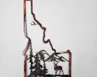 Idaho State Sign with Deer Mountain Scene | Metal Idaho Wall Art | State Pride Decor | Rustic Home Accent | Steel Silhouette Sign