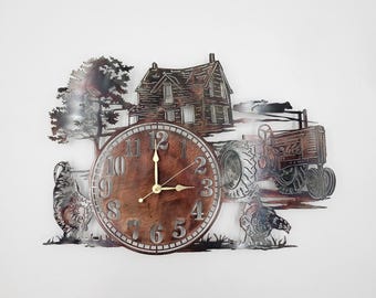 Farmhouse Wall Clock with Chickens & Tractor | Metal Farm Clock | Country Kitchen Timepiece | Rural Home Decor | Agricultural Wall Clock