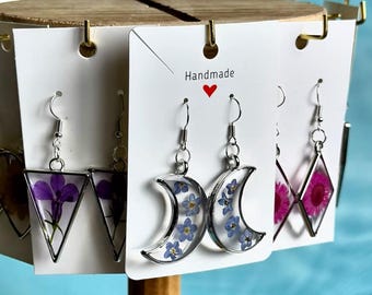 Handmade Resin Earrings, Real Dried Flower, Floral Earrings