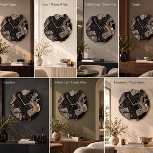 May include: A collection of seven wall clocks featuring an irregular, organic shape with a central black textured section and outer layers in various shades including Warm Greige, Ivory, Light Greige, Taupe, Graphite, Olive Gray, and Limestone.