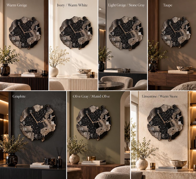 May include: A collection of seven wall clocks featuring an irregular, organic shape with a central black textured section and outer layers in various shades including Warm Greige, Ivory, Light Greige, Taupe, Graphite, Olive Gray, and Limestone.