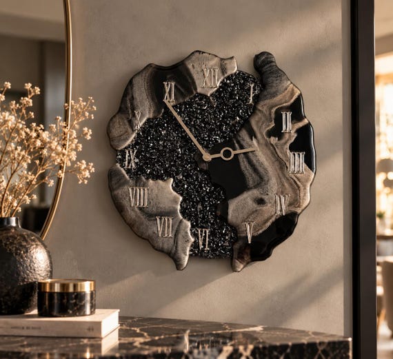 Smoky Quartz Geode Wall Clock, Black Resin, Handmade Statement Decor