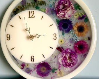 Reloj de pared de resina floral, flores secas reales, decoración botánica hecha a mano