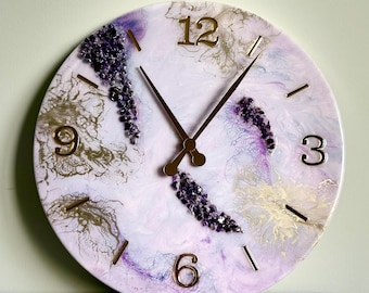 Purple Resin Wall Clock, Natural Stone, Gold Numerals, Modern Decor, 20 Inch