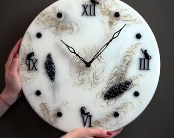 Cat Silhouette Wall Clock, White Resin with Gold Marble, Natural Stones, 16 Inch