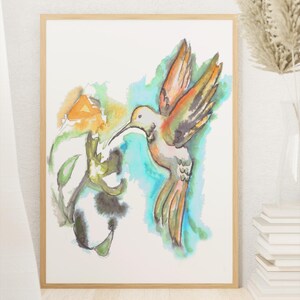 Impressão de pintura em aquarela e tinta de beija-flor em papel texturizado 'aquarela' por KristenUlla, Bird Lover Wall Art Print