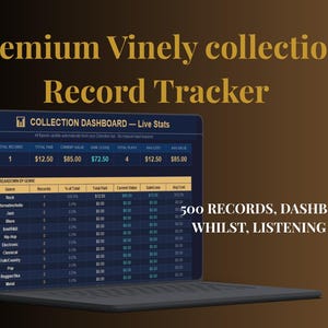 May include: A laptop screen displays a record collection dashboard with live stats. The text "Premium Vinely collection Record Tracker" is at the top. The screen shows a breakdown by genre, including Rock, Jazz, and Electronic. The text "500 RECORDS, DASHBOARD, WHILST, LISTENING LOG" is at the bottom.