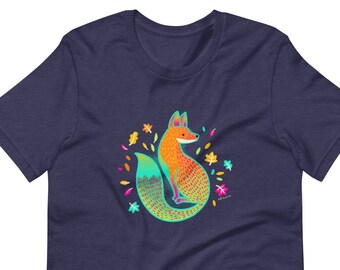 Fox Alebrije T-Shirt - T-shirt a maniche corte, magliette da donna e da uomo, colorata arte popolare messicana, simpatica arte della volpe, volpe colorata, maglietta amante degli animali