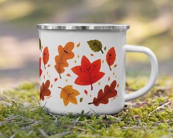 Fall Leaves Enamel Mug - Tazza da caffè da campeggio, foglie autunnali kawaii felici, tazza illustrata a mano, fogliame autunnale, regalo di vacanza per la famiglia di amici