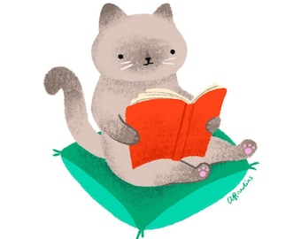 Cozy Reading Cat Art Print Poster