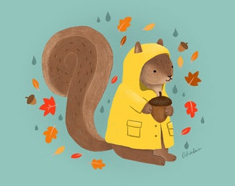 Squirrel in Yellow Raincoat Art Print - cute kawaii squirrel, rainy weather, Christmas gifts, cozy hygge illustration, anthropomorphic art