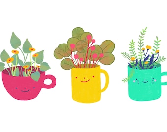 Cute Mugs Art Print - happy plant mugs artwork, colorful artwork, hand drawn illustration wall art, home decor, succulent plant lover gift
