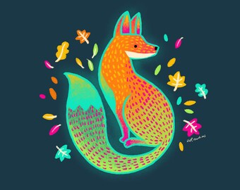 Fox Alebrije Art Print - cute fox artwork, fox lover gift, colorful Mexican folk art, animal lover gift, home decor wall art, hand drawn art