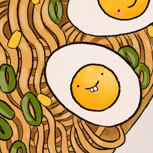 May include: A bowl of ramen noodles with green onions, corn, and two smiling eggs. The eggs are white with yellow yolks and have a cartoon-like appearance.