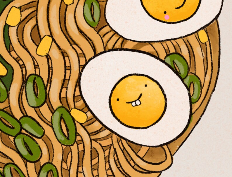 May include: A bowl of ramen noodles with green onions, corn, and two smiling eggs. The eggs are white with yellow yolks and have a cartoon-like appearance.