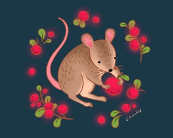 Mouse & Cranberries Art Print - cute kawaii mouse, woodland animals, Christmas gifts, cozy hygge illustration, forest wood mouse
