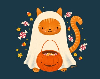 Trick or Treat Cat Art Print - Cute Halloween Ghost Costume Cat Fall Decor