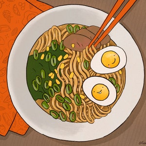 May include: A white bowl filled with ramen noodles, green onions, corn, and spinach. Two smiling, yellow egg yolks are on top of the noodles. A pair of chopsticks are in the bowl.