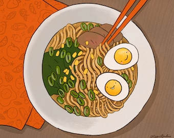 Happy Ramen Art Print - foodie gift, noodle lover, kawaii food, Japanese food, restaurant wall art, home kitchen decor, cute illustration