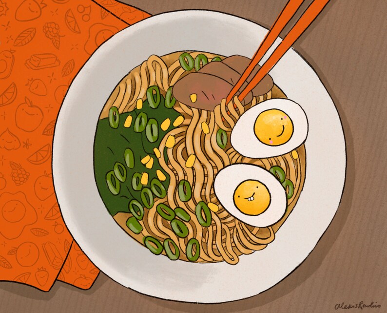 May include: A white bowl filled with ramen noodles, green onions, corn, and spinach. Two smiling, yellow egg yolks are on top of the noodles. A pair of chopsticks are in the bowl.