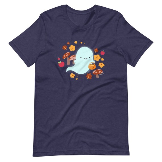 Cute Ghost T-Shirt - autumn fall shirt, halloween ghost, navy heather tee, fall foliage, trick or treating ghost, cute tees, floral forest