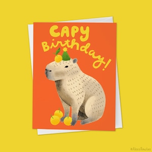 Capybara with Yuzu Cute Hand Drawn Birthday Card "Capy Birthday!"