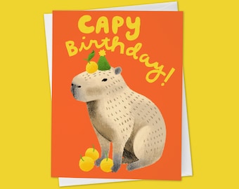 Carpincho con Yuzu Linda tarjeta de cumpleaños dibujada a mano "Cumpleaños de Capy!"