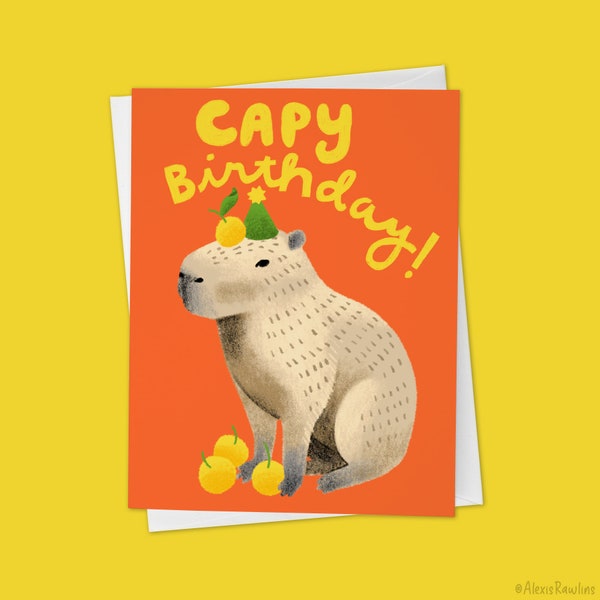 Capybara with Yuzu Cute Hand Drawn Birthday Card "Capy Birthday!"