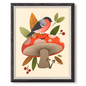 May include: A red and white mushroom with a smiling face, with a grey and red bird perched on top. The mushroom is surrounded by green and brown leaves and red berries.